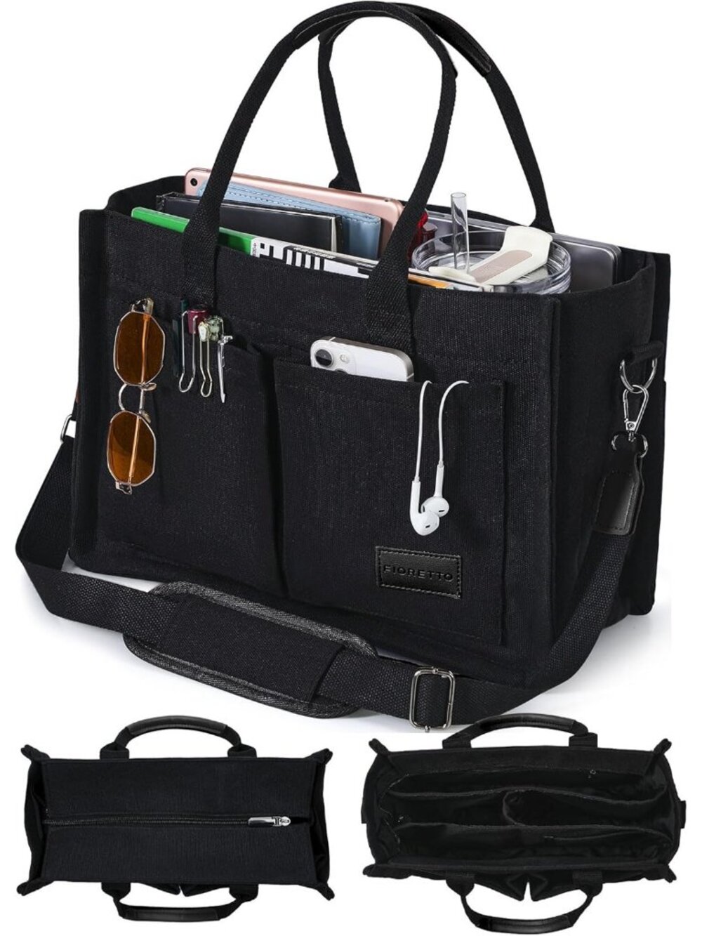 FIORETTO Canvas Women's Black Tote Bag Zipper Closure & Compartments Pockets Bag